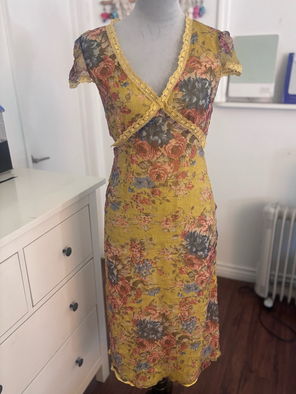 Yellow Floral Lace-Trim Midi Dress